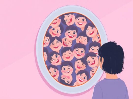 Osoba patrzy w zniekształcone lustro odbijające uśmiechnięte twarze, symbolizujące efekt fałszywej zgody.