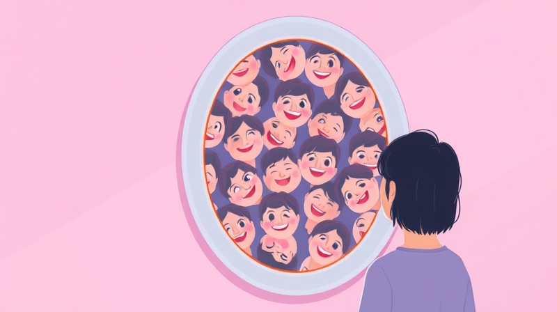 Osoba patrzy w zniekształcone lustro odbijające uśmiechnięte twarze, symbolizujące efekt fałszywej zgody.