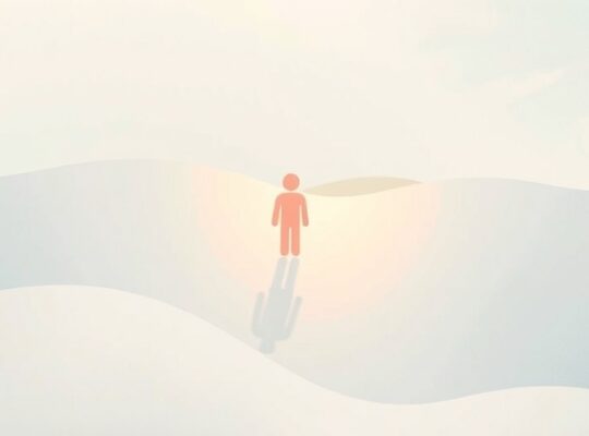 Samotna, świecąca postać w pastelach, odłączająca się od jednolitej rzeki kształtów.