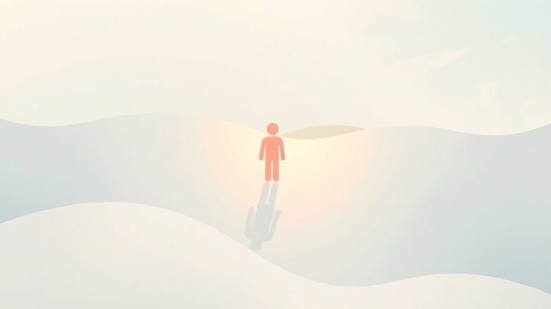 Samotna, świecąca postać w pastelach, odłączająca się od jednolitej rzeki kształtów.