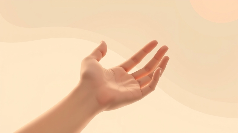 Dłoń człowieka dotyka delikatnie gumowej dłoni w surrealistycznym, pastelowym tle.