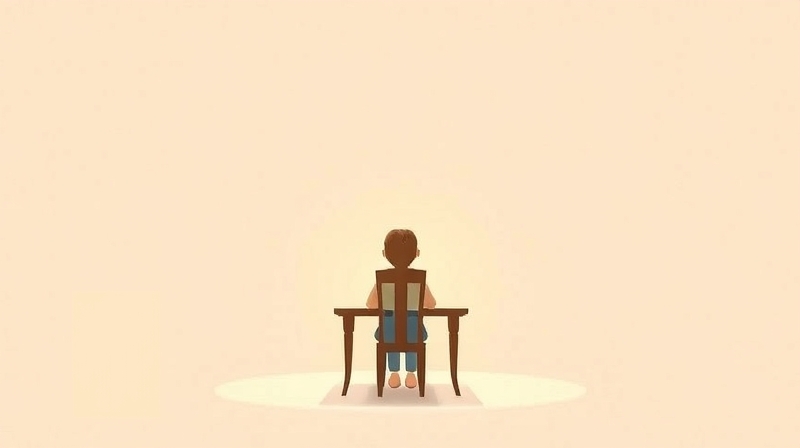 Abstrakcyjna, pastelowa ilustracja: samotna postać przy pustym krześle, melancholijna aura.