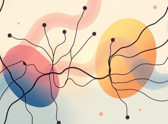 Abstrakcyjna ilustracja połączeń neuroprzekaźników kształtująca pamięć, delikatne kolory.