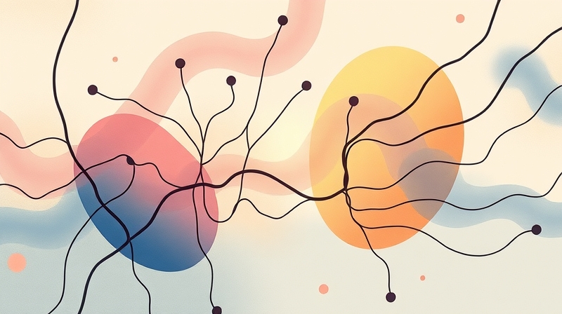 Abstrakcyjna ilustracja połączeń neuroprzekaźników kształtująca pamięć, delikatne kolory.