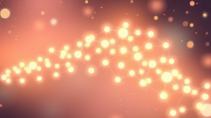 Tętnica skroniowa jako sieć połączonych, świecących węzłów, symbolizująca przetwarzanie języka.