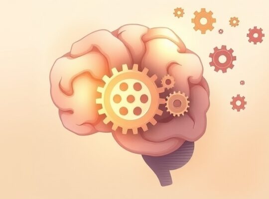 Stylizowany mózg z podświetlonym trybikiem, symbolizujący selektywną uwagę.