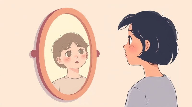 Osoba spogląda w lustro z delikatną ciekawością, lustro subtelnie zniekształca odbicie.