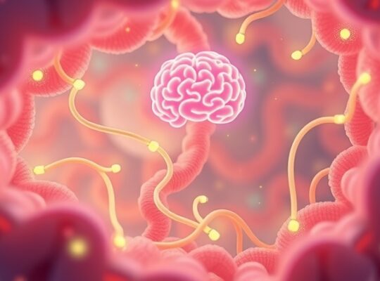 Wibrujące, pastelowe jelita z świetlistymi mikrobami łączącymi się z mózgiem.