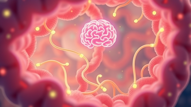 Wibrujące, pastelowe jelita z świetlistymi mikrobami łączącymi się z mózgiem.