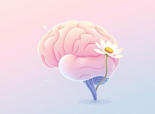 Uspokajająca ilustracja mózgu, gdzie pathway przekształca się w rozkwitający kwiat.