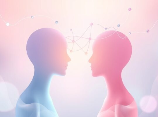 Dwie abstrakcyjne, pastelowe postacie łączą się, symbolizując synchronizację myśli i współpracę.