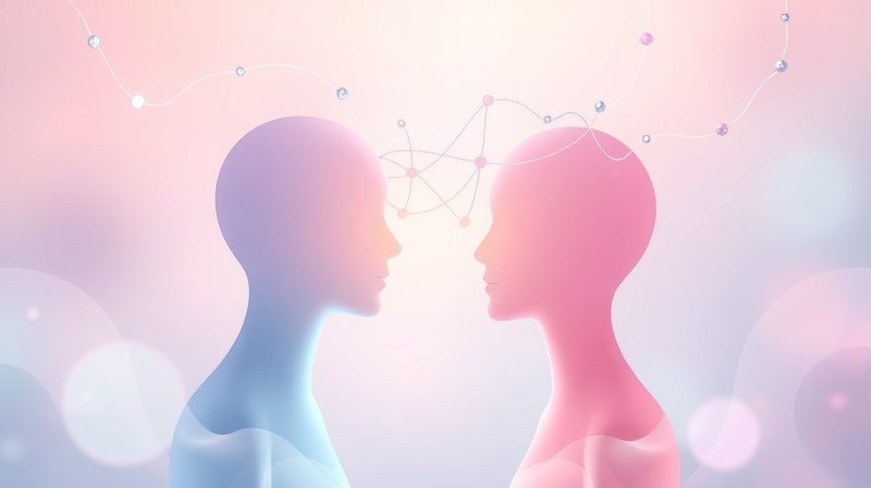 Dwie abstrakcyjne, pastelowe postacie łączą się, symbolizując synchronizację myśli i współpracę.