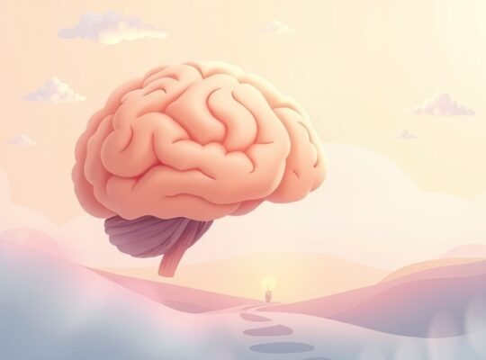 Zmęczony, łagodnie świecący mózg jako krajobraz, ilustracja braku jasności myśli.