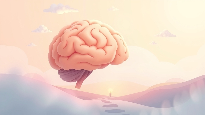Zmęczony, łagodnie świecący mózg jako krajobraz, ilustracja braku jasności myśli.
