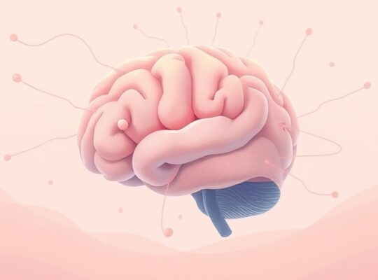 Abstrakcyjna ilustracja mózgu w apatii, z pastelową paletą i subtelnymi szlakami neuronowymi.