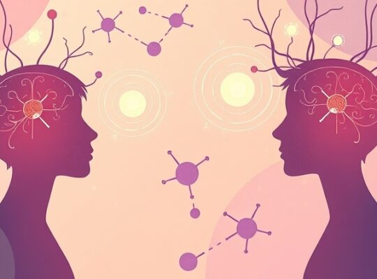 Abstrakcyjny, pastelowy mózg wspierający kreatywność w rozmowach, z neuronami i cząsteczkami dopaminy.