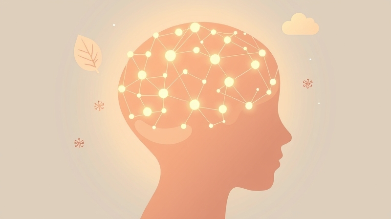 Abstrakcyjna sieć neuronowa w głowie, rozświetlona symbolami nagród i dobrego samopoczucia.