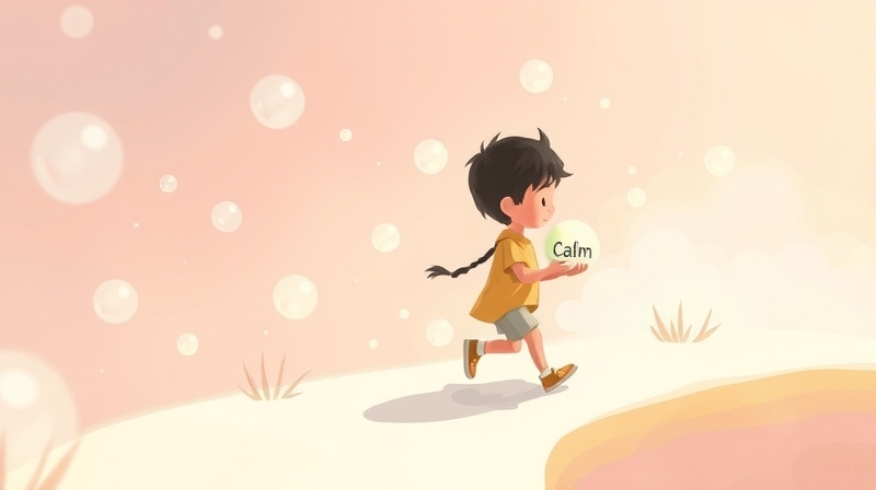 Postać z łagodnym blaskiem przemierza ścieżkę przykrytą bańkami pytań, dążąc do stabilnego gruntu.