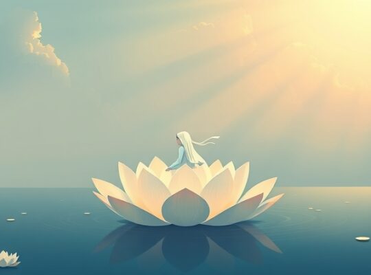 Delikatna postać na kwiecie lotosu unosząca się nad wodą symbolizującą smutek.