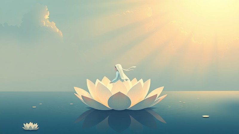 Delikatna postać na kwiecie lotosu unosząca się nad wodą symbolizującą smutek.