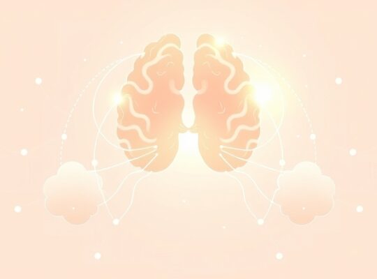 Eteryczna ilustracja pnia mózgu, z delikatnymi światłami symbolizującymi oddech i płuca.