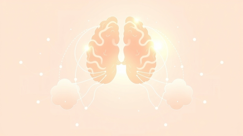 Eteryczna ilustracja pnia mózgu, z delikatnymi światłami symbolizującymi oddech i płuca.