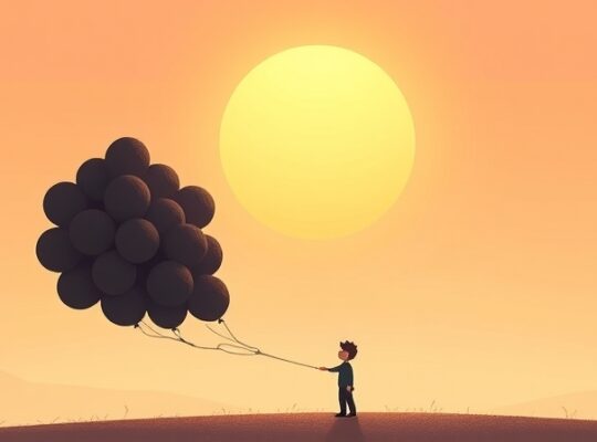 Jasna ilustracja: postać wypuszcza mroczne balony ku słońcu.