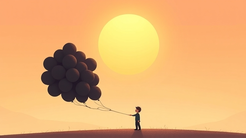 Jasna ilustracja: postać wypuszcza mroczne balony ku słońcu.