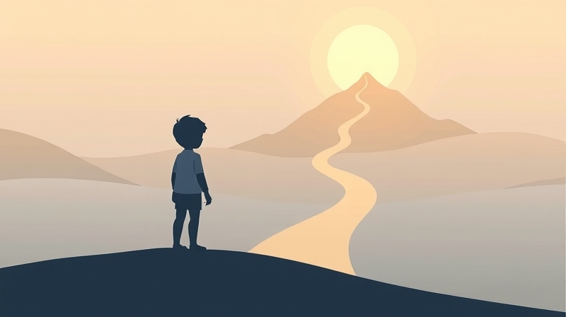 Abstrakcyjna postać na ścieżce do celu, pokonująca lęk.