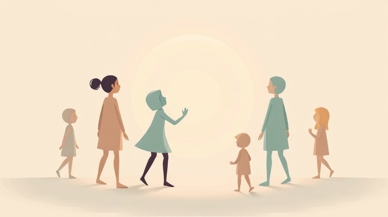 Abstrakcyjne figury o miękkich kształtach płyną ku centralnemu światłu.