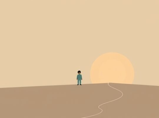 Samotna postać na skraju grupy geometrycznych kształtów, uosabiająca wykluczenie społeczne.