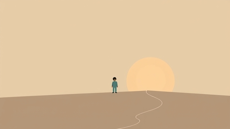 Samotna postać na skraju grupy geometrycznych kształtów, uosabiająca wykluczenie społeczne.