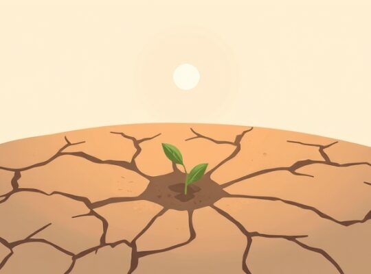 Delikatny, symboliczny obrazek: kiełkująca roślinka przez pękniętą ziemię, światło.