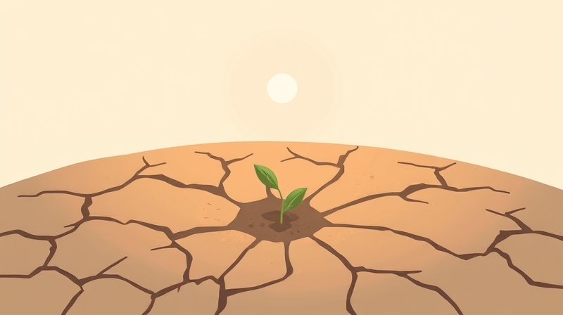 Delikatny, symboliczny obrazek: kiełkująca roślinka przez pękniętą ziemię, światło.