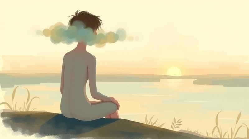 Eteryczna postać znikającą winę przy rzece, w pastelowych barwach, z nadzieją ku światłu.