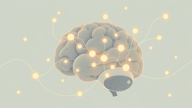 Ilustracja mózgu z pastelowymi liniami światła i kulkami dopaminy symbolizującymi nagrodę.