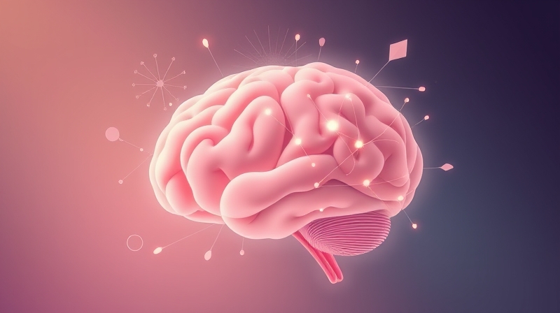 Stylizowany mózg z delikatnymi połączeniami w pastelowych kolorach, symbolizujący równowagę wewnętrzną.