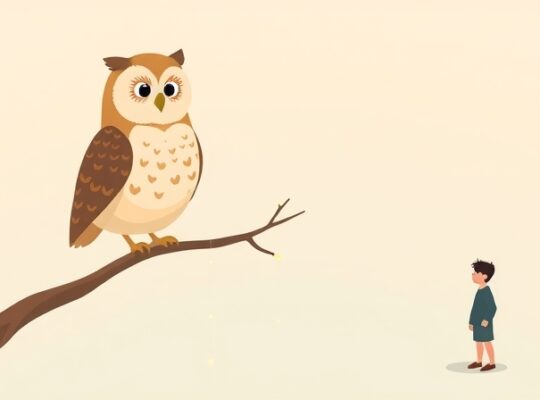 Mądra sowa z jarzącymi się nićmi uspokaja lękliwą sylwetkę.