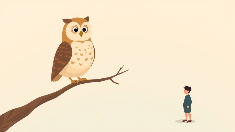 Mądra sowa z jarzącymi się nićmi uspokaja lękliwą sylwetkę.