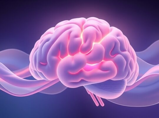 Abstrakcyjna wizualizacja kory słuchowej przetwarzającej dźwięki muzyki w emocje.