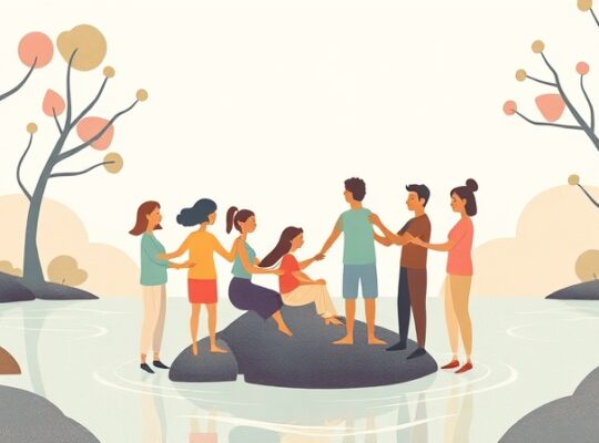 Symboliczna ilustracja łącząca ludzi, harmonię natury, ciepłe kolory; społeczna odpowiedzialność.