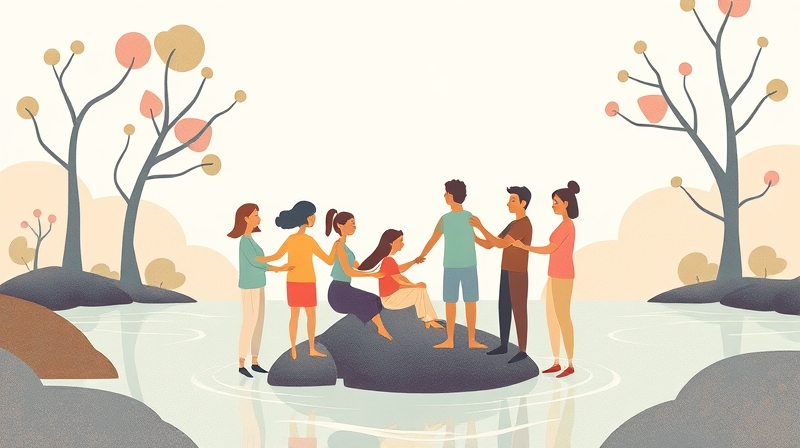 Symboliczna ilustracja łącząca ludzi, harmonię natury, ciepłe kolory; społeczna odpowiedzialność.