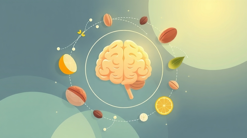 Stylizowany, świetlisty mózg otoczony elementami odżywczymi i symbolami witaminy E.