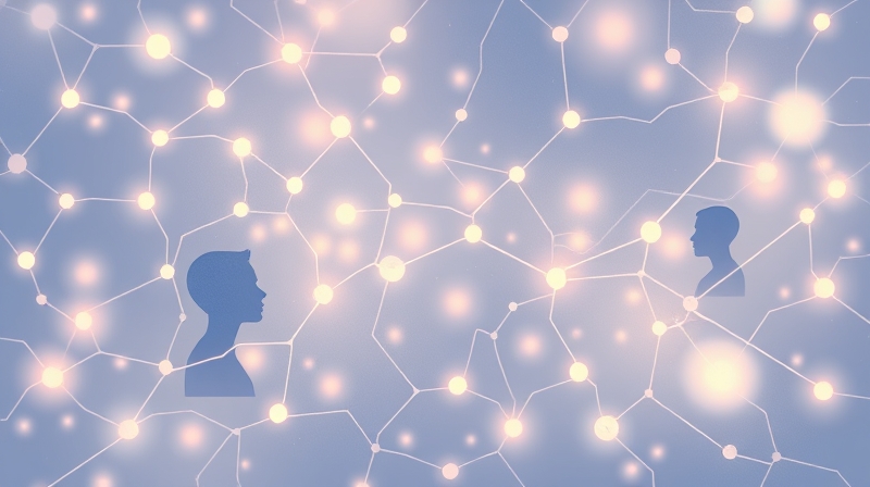 Abstrakcyjne, pastelowe ścieżki neuronalne z delikatnymi sylwetkami twarzy i imion.