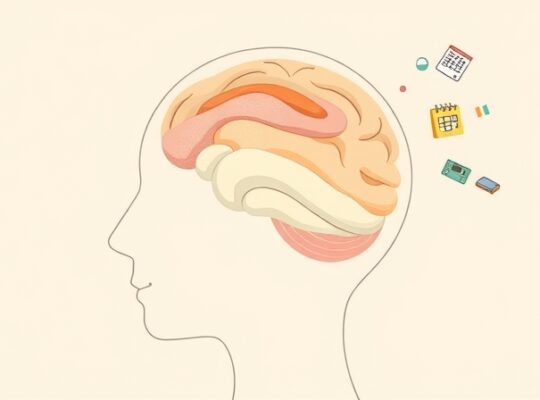 Stylizowany zarys głowy z mglistymi chmurami kolorów i odlatującymi bańkami myśli.