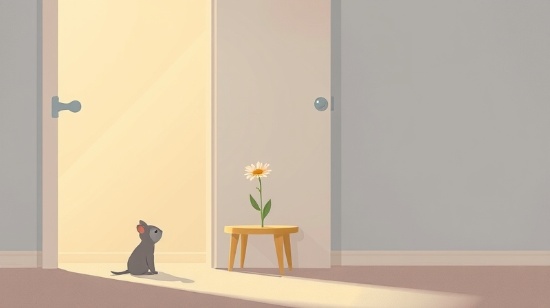 Małe stworzenie zagląda do przyciemnionego pokoju z więdnącym kwiatem, delikatne światło nadziei z zewnątrz.