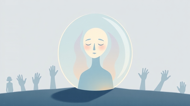 Postać w szklanej kuli, otoczona pastelowymi barwami, z wyciągniętymi, lecz niepołączonymi sylwetkami.