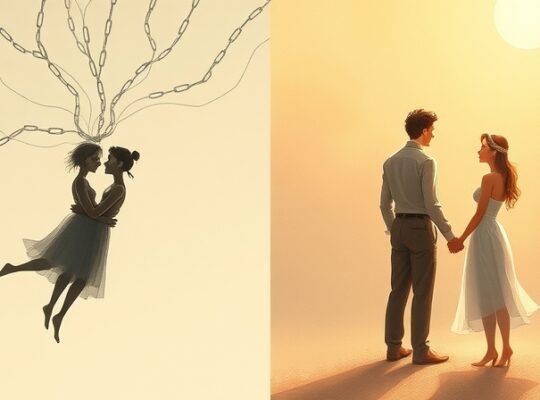 Rozdzielony obraz: łańcuchy i świetlisty nić łącząca postaci, pastelowa estetyka.