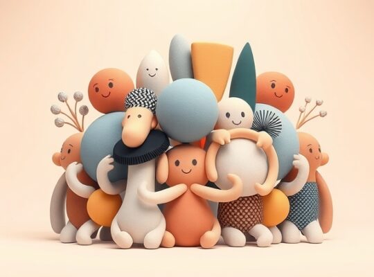 Abstrakcyjne, pastelowe kształty tworzą harmonijną, wspierającą się strukturę.