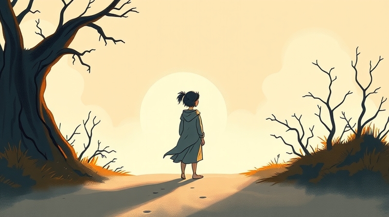 Symboliczna ilustracja niepewności na rozstaju dróg, w pastelowych barwach.